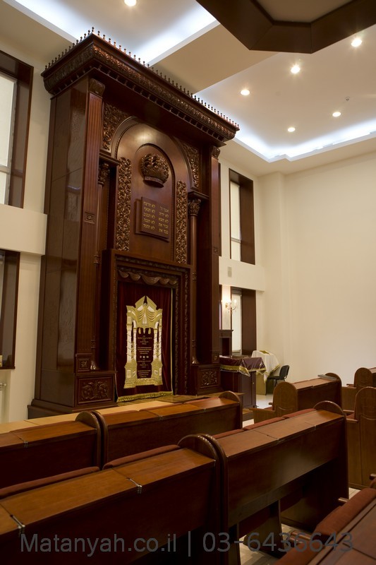 ריהוט מלא לבית כנסת הכולל ארון קודש בימת תפילה, מושבים מפוארים, חיפוי חלונות, ספריות ודלתות מבית מתניה
