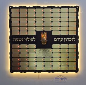 שלט הנצחה גל ברכה – לוח הנצחה מואר לבית כנסת עם 71 לוחיות, מבט חזיתי