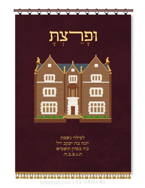 פרוכת ארון קודש מבית מתניה עם רקמה איכותית ואומנותית תלת‑ממדית