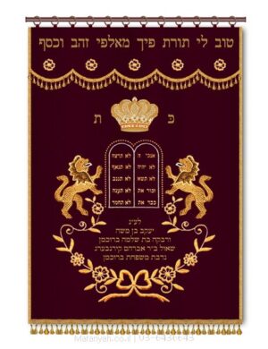 פרוכת ארון קודש מבית מתניה עם רקמה איכותית ואומנותית תלת‑ממדית