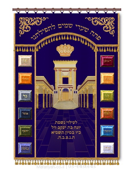 פרוכת בית מקדש וחושן כחול Aron Kodesh Parochial Shroud from Matanya with high-quality, artistic 3D embroidery