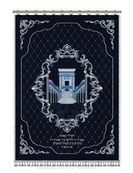 פרוכת בית מקדש מסגרת מעוטרת ופינות כסף פרוכת ארון קודש מבית מתניה עם רקמה איכותית ואומנותית תלת‑ממדית
