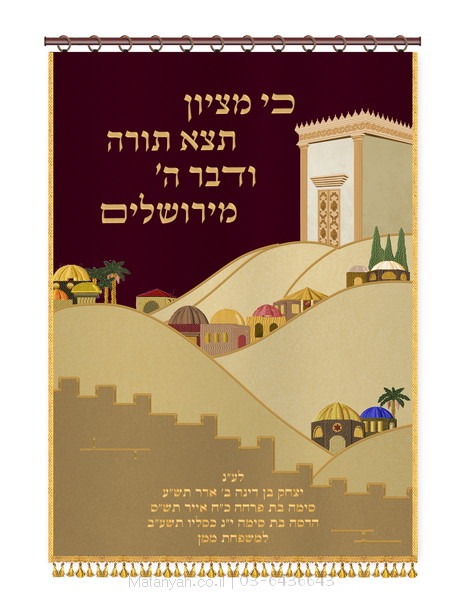 פרוכת ארון קודש מבית מתניה עם רקמה איכותית ואומנותית תלת‑ממדית