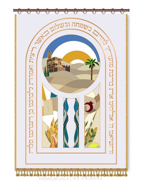 פרוכת ארון קודש מבית מתניה עם רקמה איכותית ואומנותית תלת‑ממדית