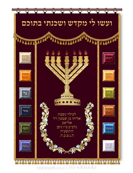 פרוכת ארון קודש מבית מתניה עם רקמה איכותית ואומנותית תלת‑ממדית