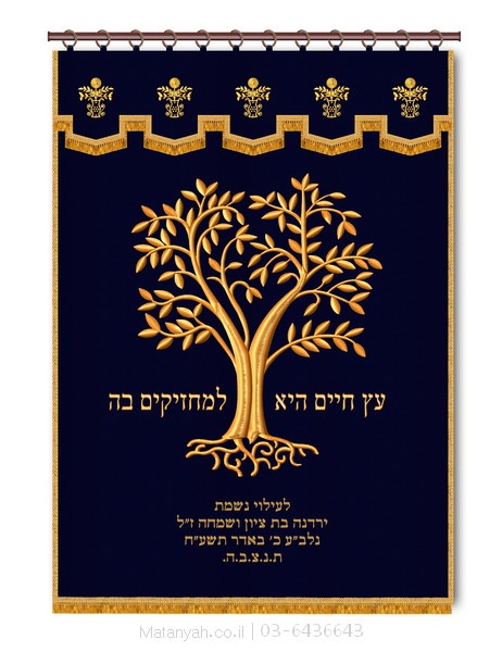 פרוכת ארון קודש מבית מתניה עם רקמה איכותית ואומנותית תלת‑ממדית