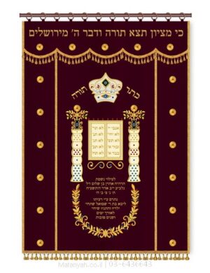 פרוכת ארון קודש מבית מתניה עם רקמה איכותית ואומנותית תלת‑ממדית
