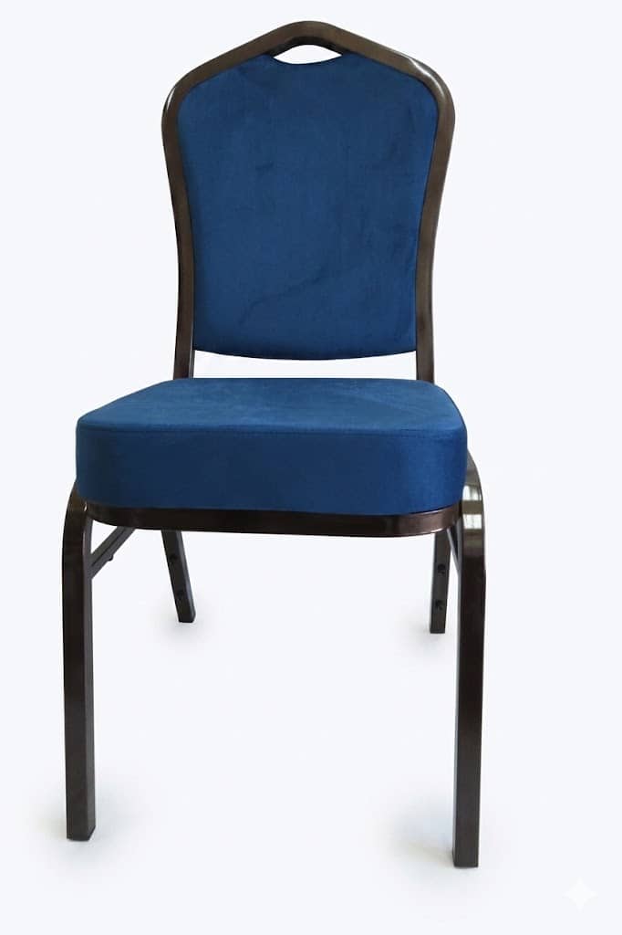 כסא נערם ריפוד כחול מסגרת חום כהה