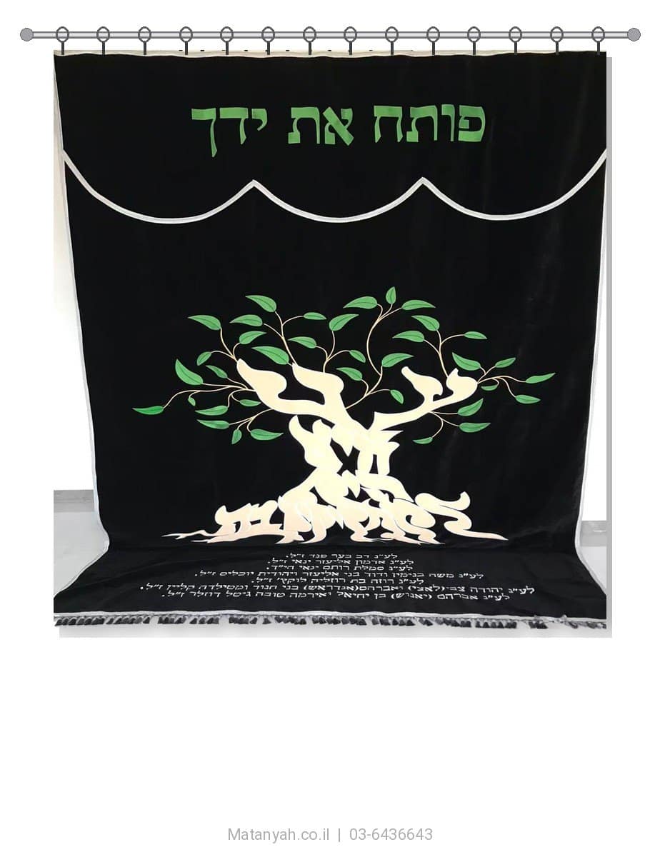 פרוכת ארון קודש מבית מתניה עם רקמה איכותית ואומנותית תלת‑ממדית
